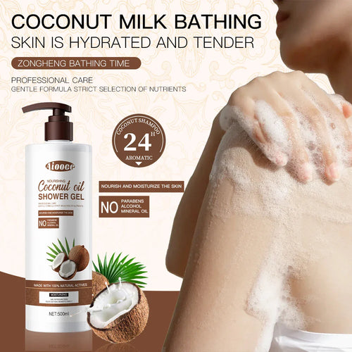 Aiooce Natural Coconut Shower Gel 500ml Herbal Infused Whitening Moisturizing Body Wash Bath Cream