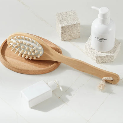 Dual-Sided Long Handle Shower Scrubber Wet & Dry Body Care Exfoliating Brush Dry Brushing with Loofah Sponge Removes Dead Skin