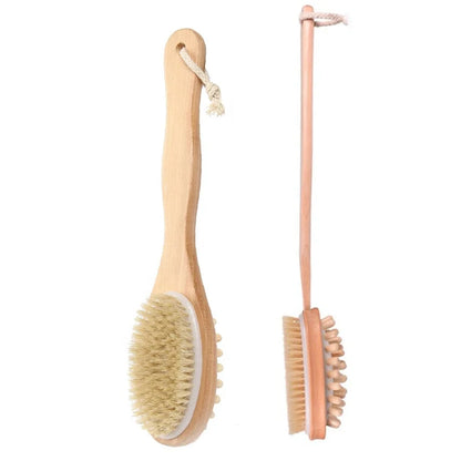 Dual-Sided Long Handle Shower Scrubber Wet & Dry Body Care Exfoliating Brush Dry Brushing with Loofah Sponge Removes Dead Skin