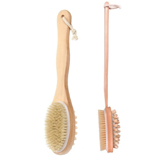 Dual-Sided Long Handle Shower Scrubber Wet & Dry Body Care Exfoliating Brush Dry Brushing with Loofah Sponge Removes Dead Skin