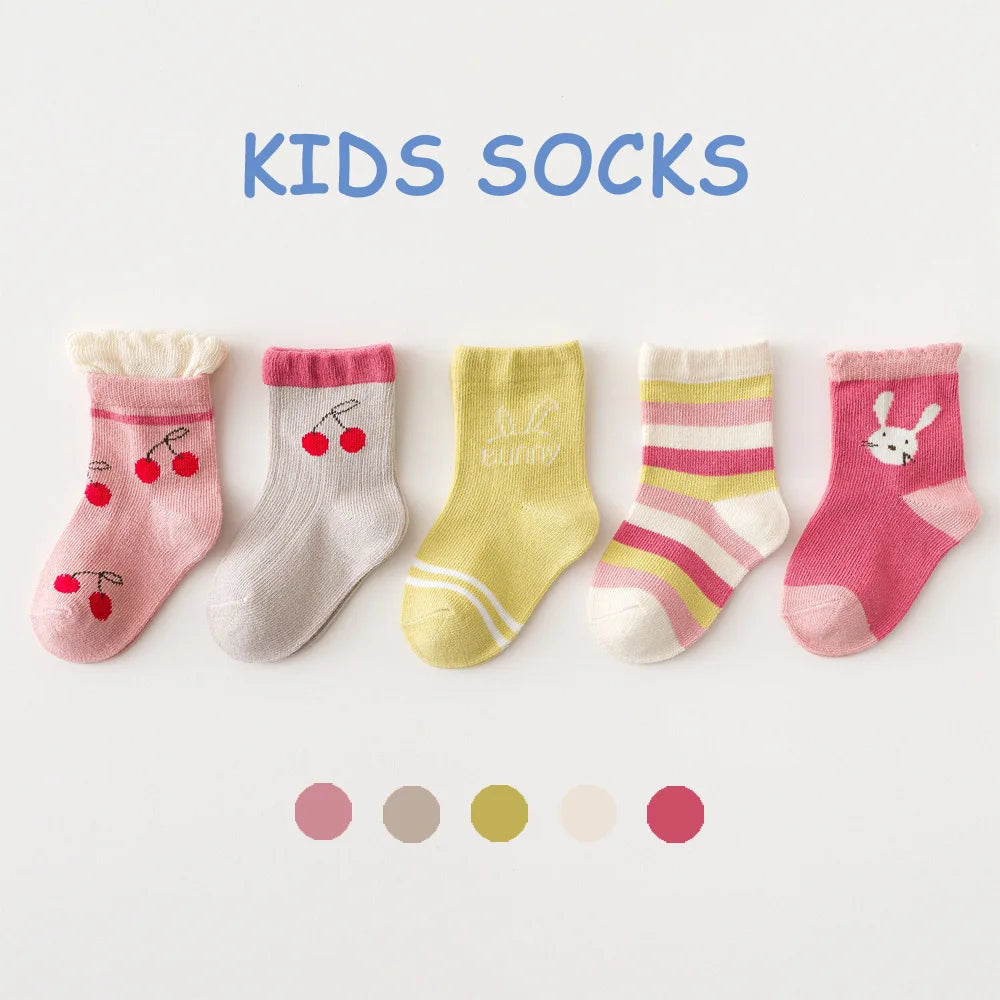 5 Pairs/Lot Toddler Socks Newborn Baby Soft Prewalker Spring Cotton Girl Kids Autumn Infant Cartoon Striped Print Sock 0-12Y