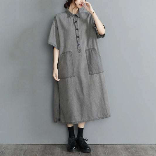 Boutique Wholesale 2025 Summer New Fashionable Retro Lapel Loose Casual Denim Women's Dress