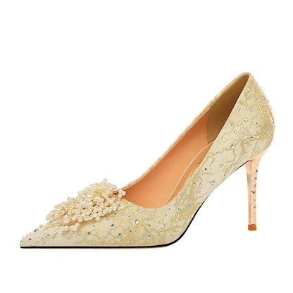 Big Size Diamond Pearl Scarpe Donna Tacco Alto  Luxury White Wedding Heels for Bride Shoes