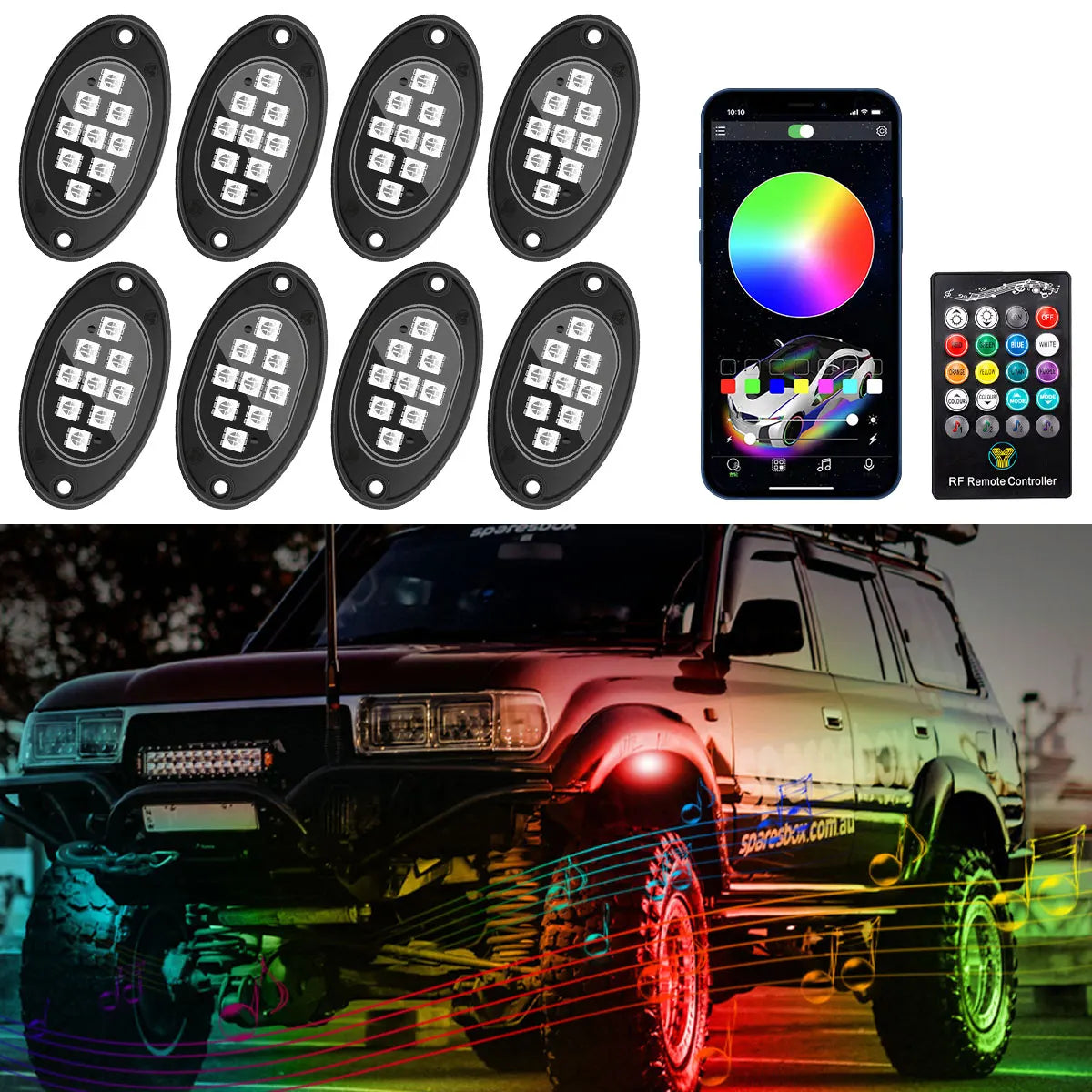 12V Mini Rock Light Colorful LED Ambient Music Lamp for Car UTV Wireless App Remote Control New Underglow Light for Car Chassis