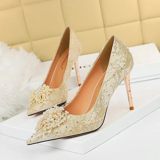 Big Size Diamond Pearl Scarpe Donna Tacco Alto  Luxury White Wedding Heels for Bride Shoes