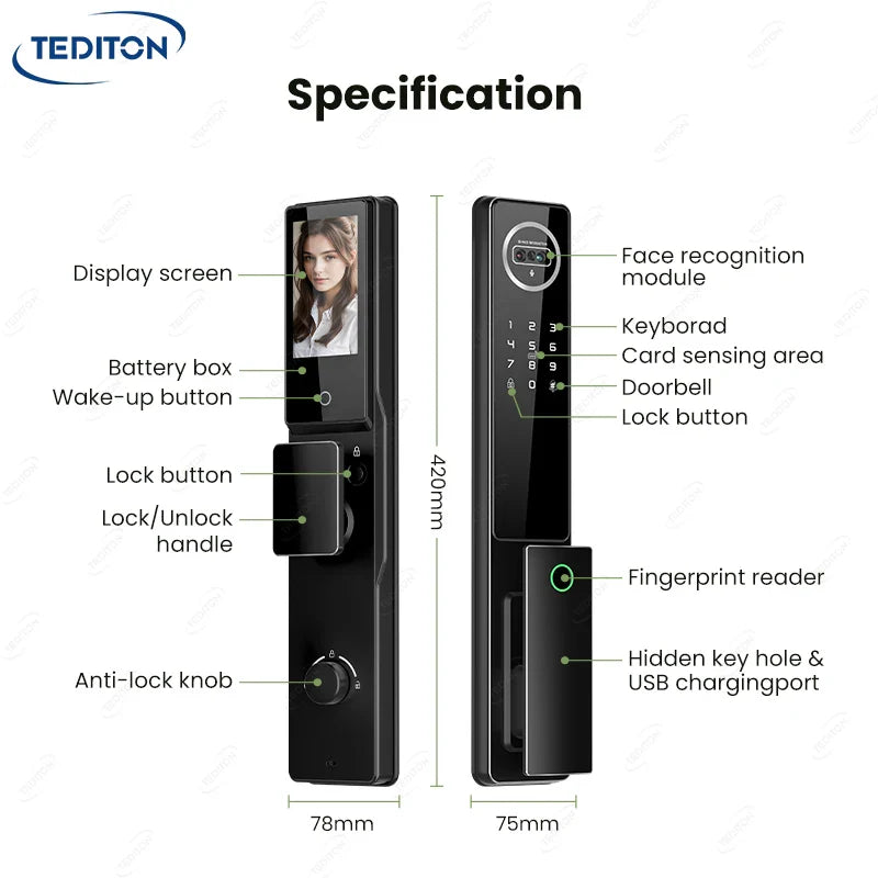 6068 Mortise Smart Door Lock Palm Vein Face Recognition with Camera Matter Tuya WiFi Fingerprint Password Card Key Security