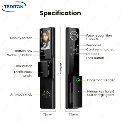 6068 Mortise Smart Door Lock Palm Vein Face Recognition with Camera Matter Tuya WiFi Fingerprint Password Card Key Security