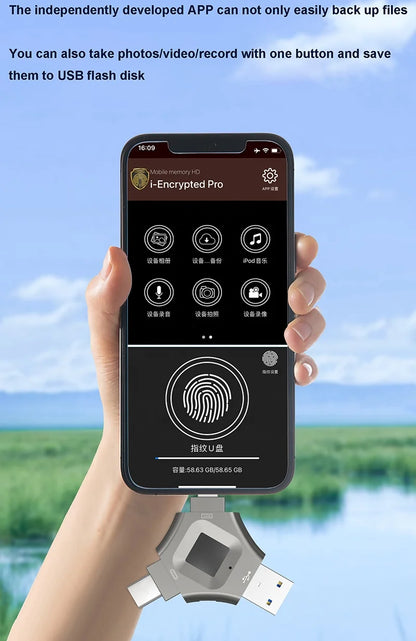 3 in 1 High Tech Security Usb Fingerprint Reader 64GB 128GB 256GB 512GB Secure Pen Drive Encrypt Fingerprint USB Flash Drive