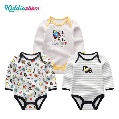 100% Cotton Jumpsuits 3Pieces Newborn Baby Boy Clothes Cartoon Bodysuit Print Long Sleeve Baby Girls Clothes 0-12M Spring Autumn