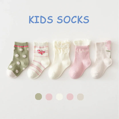 5 Pairs/Lot Toddler Socks Newborn Baby Soft Prewalker Spring Cotton Girl Kids Autumn Infant Cartoon Striped Print Sock 0-12Y