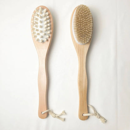 Dual-Sided Long Handle Shower Scrubber Wet & Dry Body Care Exfoliating Brush Dry Brushing with Loofah Sponge Removes Dead Skin