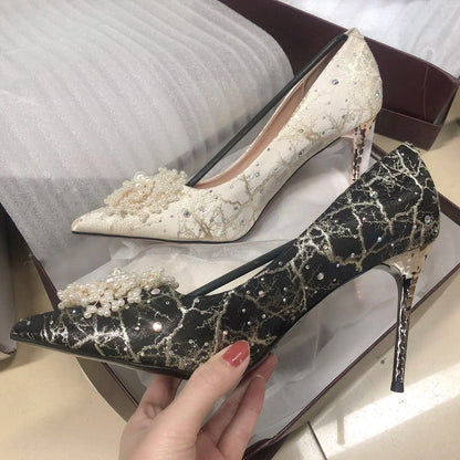 Big Size Diamond Pearl Scarpe Donna Tacco Alto  Luxury White Wedding Heels for Bride Shoes