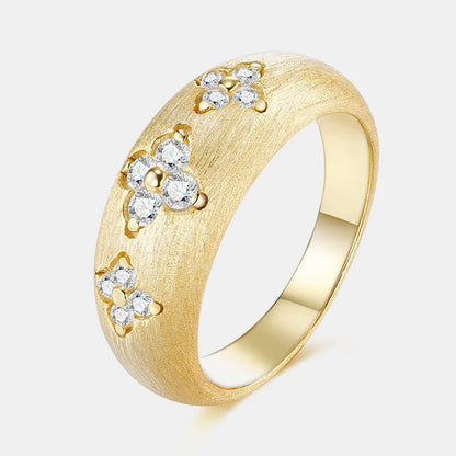 18K Gold Plated Wide Band Ring, Round Moissanite Flower Motif Brushed Finish Statement Stackable Ring for party Daily Wear