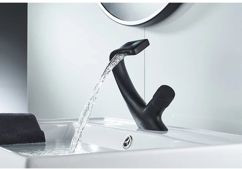 Black Faucet Bathroom Sink Faucets Hot Cold Water Mixer Crane Deck  Mounted Single Hole Bath Tap Chrome Finished ELM457