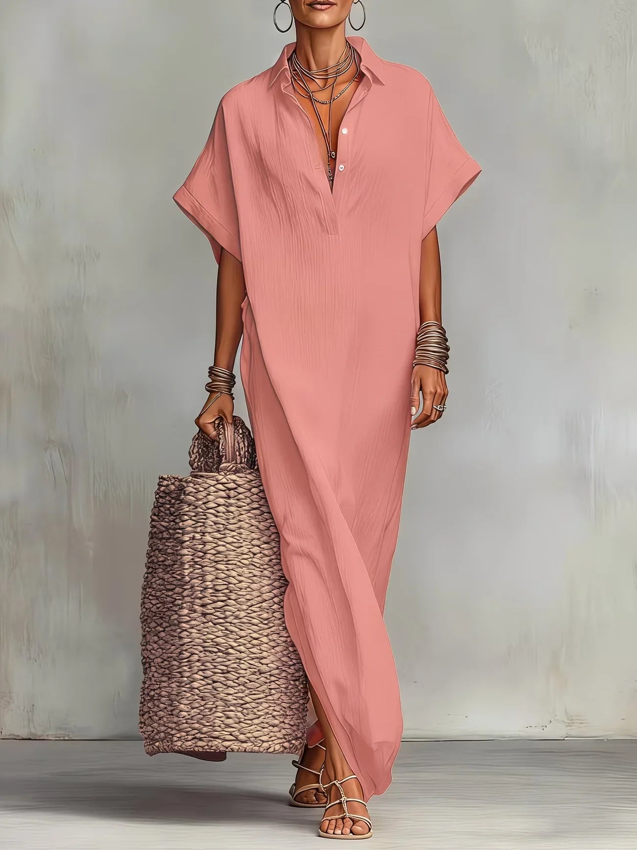 2026 Summer Maxi Pure Color Casual Fashion Sleeve Flared Side Split Dress
