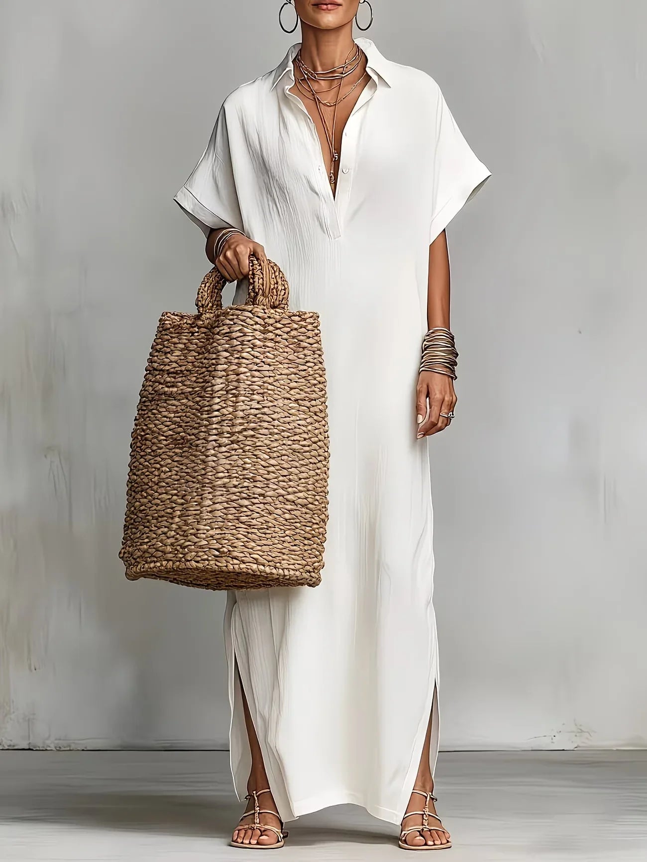 2026 Summer Maxi Pure Color Casual Fashion Sleeve Flared Side Split Dress
