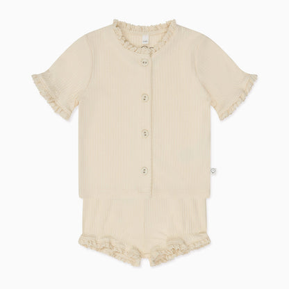 Frilled Ribbed Cardigan & Shorts Outfit - Cream