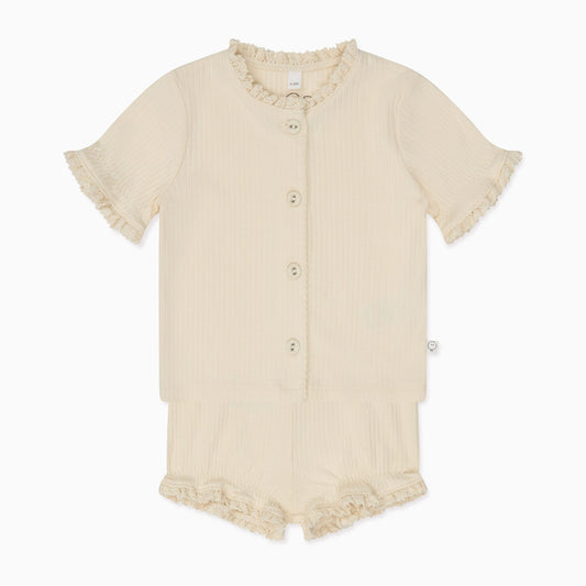 Frilled Ribbed Cardigan & Shorts Outfit - Cream