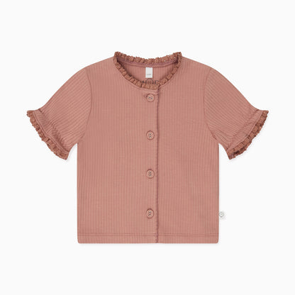 Frilled Ribbed Cardigan & Shorts Outfit - Rose