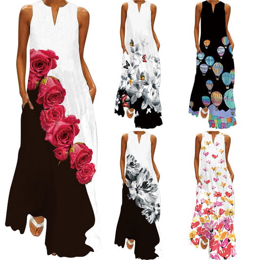 2026 New Summer Women's Sleeveless Long Dress V-Neck Floral Print Dress European and American Cross-Border Foreign Trade Women's Clothing