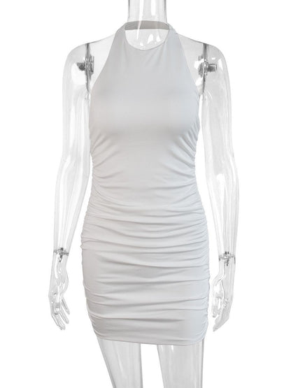 2024 Cross-Border New Sleeveless Backless Dress Round Neck Women's European and American Sexy Halter Pleated Slim Skirt