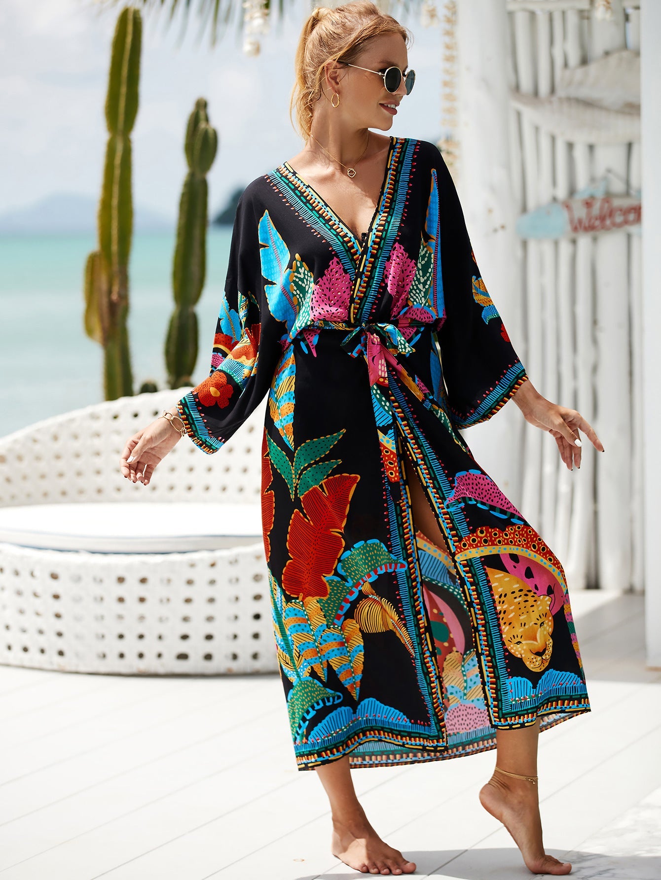 2023 New European and American Cotton Print Beach Jacket Sexy Sun Protection Cardigan Holiday Bikini Overshirt Women