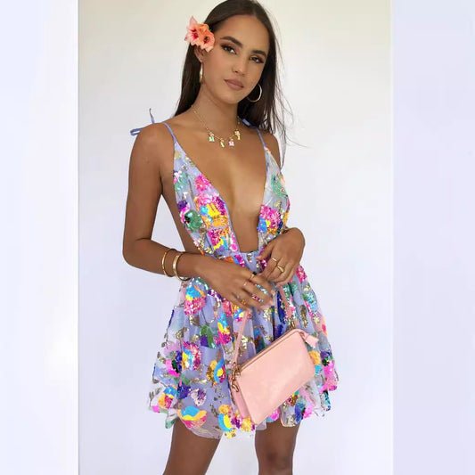 2023 Export Cross-Border Hot Selling Amazon Hot Selling Sexy Deep V Backless Sequined Floral Lace Women's Sexy Short Clothing