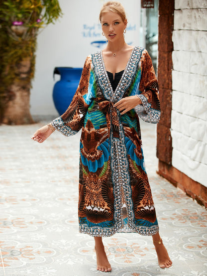 2023 New European and American Cotton Print Beach Jacket Sexy Sun Protection Cardigan Holiday Bikini Overshirt Women