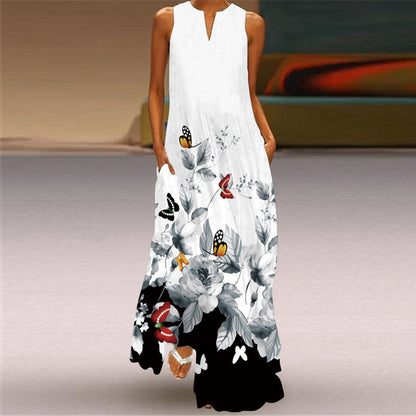 2026 New Summer Women's Sleeveless Long Dress V-Neck Floral Print Dress European and American Cross-Border Foreign Trade Women's Clothing