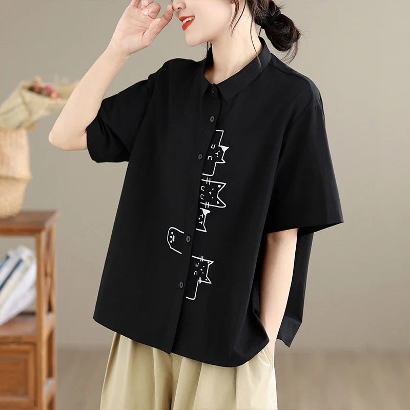 Casual Style Embroidered Pure Cotton Loose Fit Short Sleeve Shirt Women's plus Size Slimming Versatile White Summer Shirt