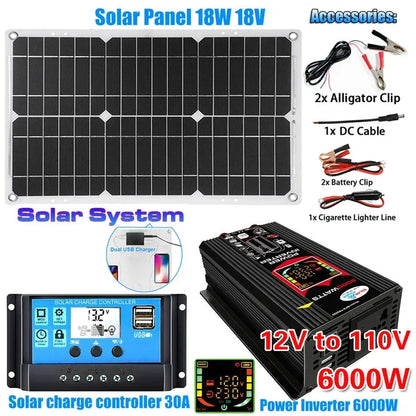 3000W/4000W/5000W/6000W Solar Panel System Power Inverter Kit 12V to 220V with 18V Solar Panel+30A Charge Controlle Power