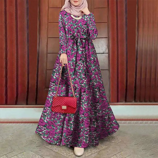 2025 New Muslim Robe Dress Fashion Retro Robe Femme Musulman Printed Long Sleeve Women's Dress