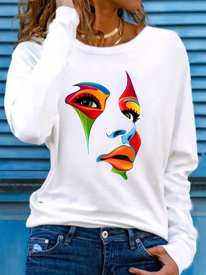 100% pure cotton women's spring and autumn casual fashion long sleeved portrait graphic printed round neck T-shirt