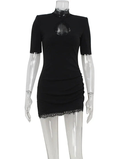Ahagaga Sexy Sheath Women's Mini Dresses Solid Lace Turtleneck Slim Fit Bodycon Hollow Out Half Sleeves Streetwear Vestidos Robe