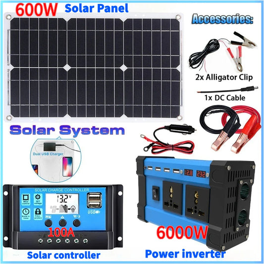 All-in-One 6000W Solar Generator: 600W Panel + MPPT Controller & Dual Voltage Inverter (110V/220V) for Home & RV & Camping