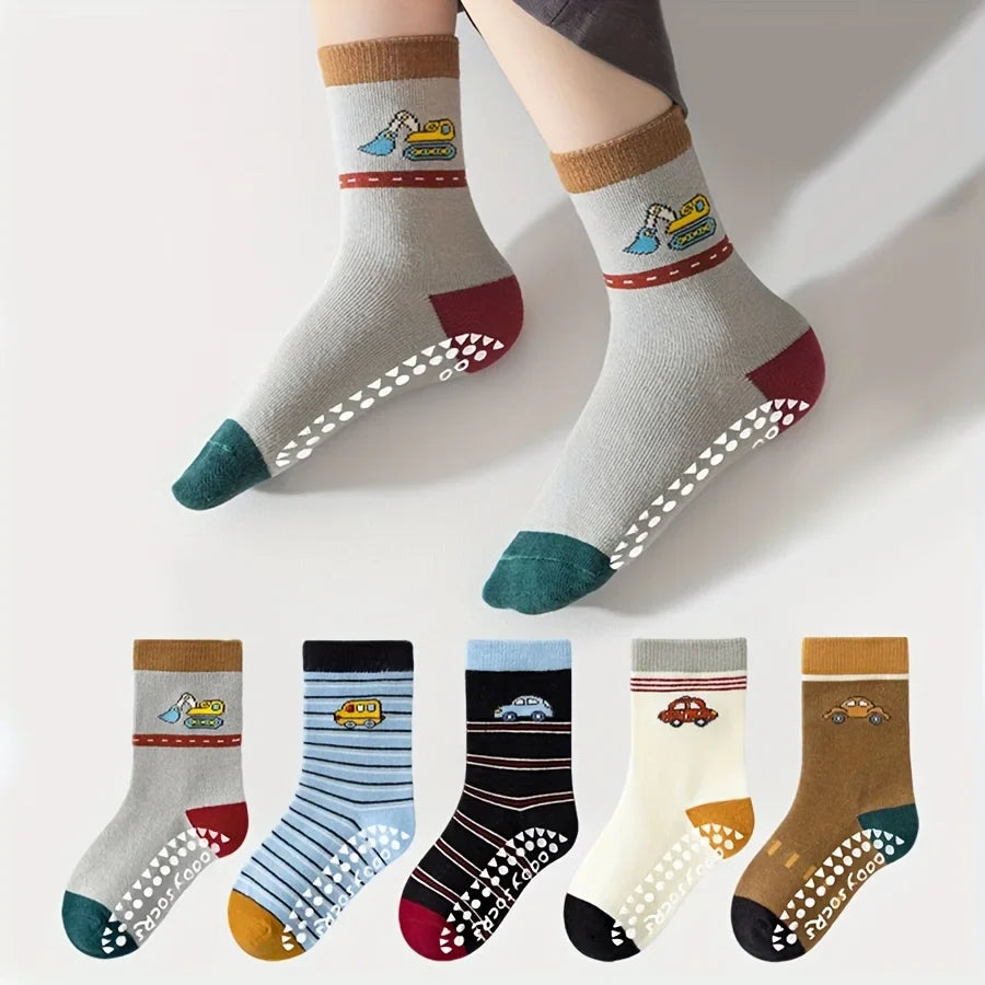 5 Pairs of Children's Floor Socks with Cartoon Stripes and Car Patterns, Adhesive Dots, for Boys and Girls, Baby Toddler Soft-Soled Indoor Non-Slip Japanese-Style Versatile Mid-Calf Socks, Suitable for Casual Daily Life