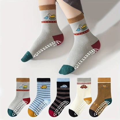 5 Pairs of Children's Floor Socks with Cartoon Stripes and Car Patterns, Adhesive Dots, for Boys and Girls, Baby Toddler Soft-Soled Indoor Non-Slip Japanese-Style Versatile Mid-Calf Socks, Suitable for Casual Daily Life