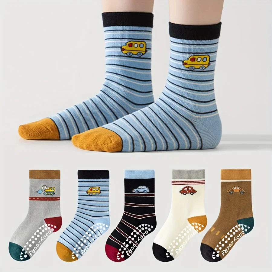 5 Pairs of Children's Floor Socks with Cartoon Stripes and Car Patterns, Adhesive Dots, for Boys and Girls, Baby Toddler Soft-Soled Indoor Non-Slip Japanese-Style Versatile Mid-Calf Socks, Suitable for Casual Daily Life