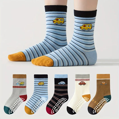 5 Pairs of Children's Floor Socks with Cartoon Stripes and Car Patterns, Adhesive Dots, for Boys and Girls, Baby Toddler Soft-Soled Indoor Non-Slip Japanese-Style Versatile Mid-Calf Socks, Suitable for Casual Daily Life