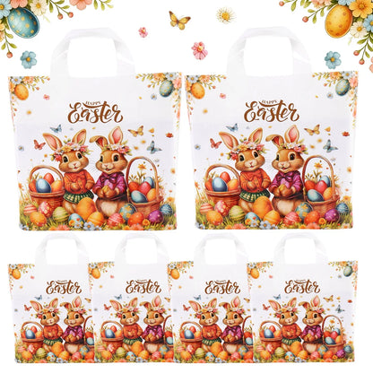 6pcs Happy Easter Large Gift Bags with Handles 25*30cm Plastic Tote Bags Cute Bunny Eggs Printed Treat Bags Easter Party Needs