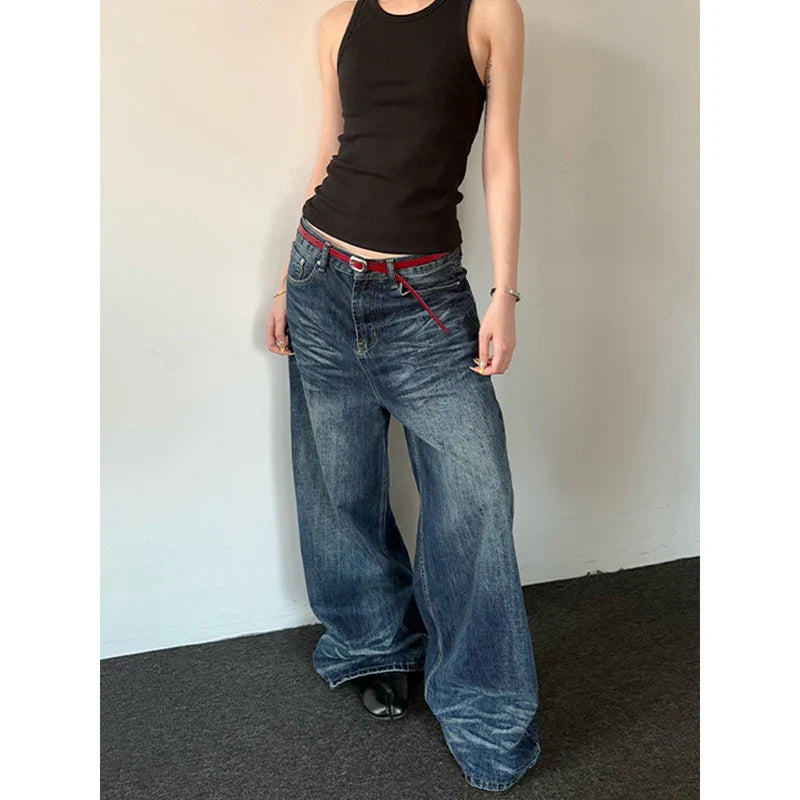 2025 Spring Vintage 2000s Loose Washed Do Old Wide Leg Pants Women's Harajuku Casual Jeans Y2K Baggy Blue Denim Trouser