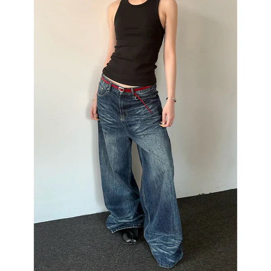 2025 Spring Vintage 2000s Loose Washed Do Old Wide Leg Pants Women's Harajuku Casual Jeans Y2K Baggy Blue Denim Trouser