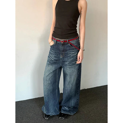 2025 Spring Vintage 2000s Loose Washed Do Old Wide Leg Pants Women's Harajuku Casual Jeans Y2K Baggy Blue Denim Trouser