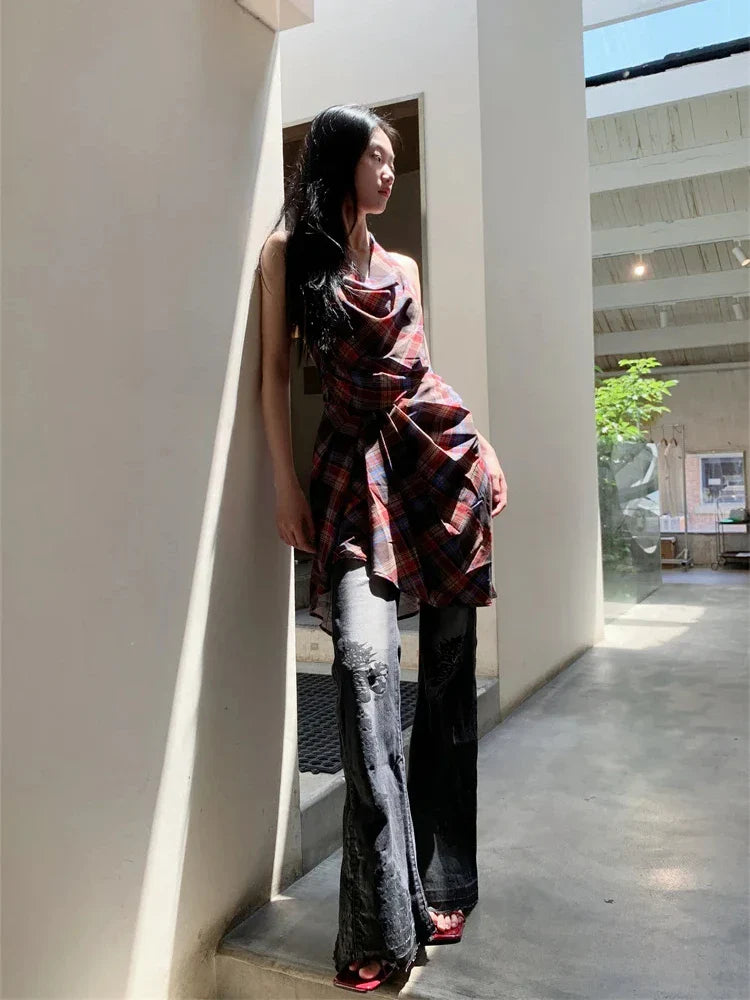 CHEERART Cowls Backless Plaid Summer Halter Dress Women 2025 Designer Vintage Sleeveless Ruched Mini Dress Clothes