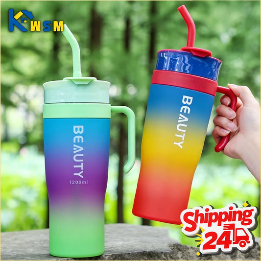1200ml Large Capacity Gradient Frosted Sports Water Bottle Tumbler for Car Gym Outdoor Travel Reusable BPA Free Cup with Straw