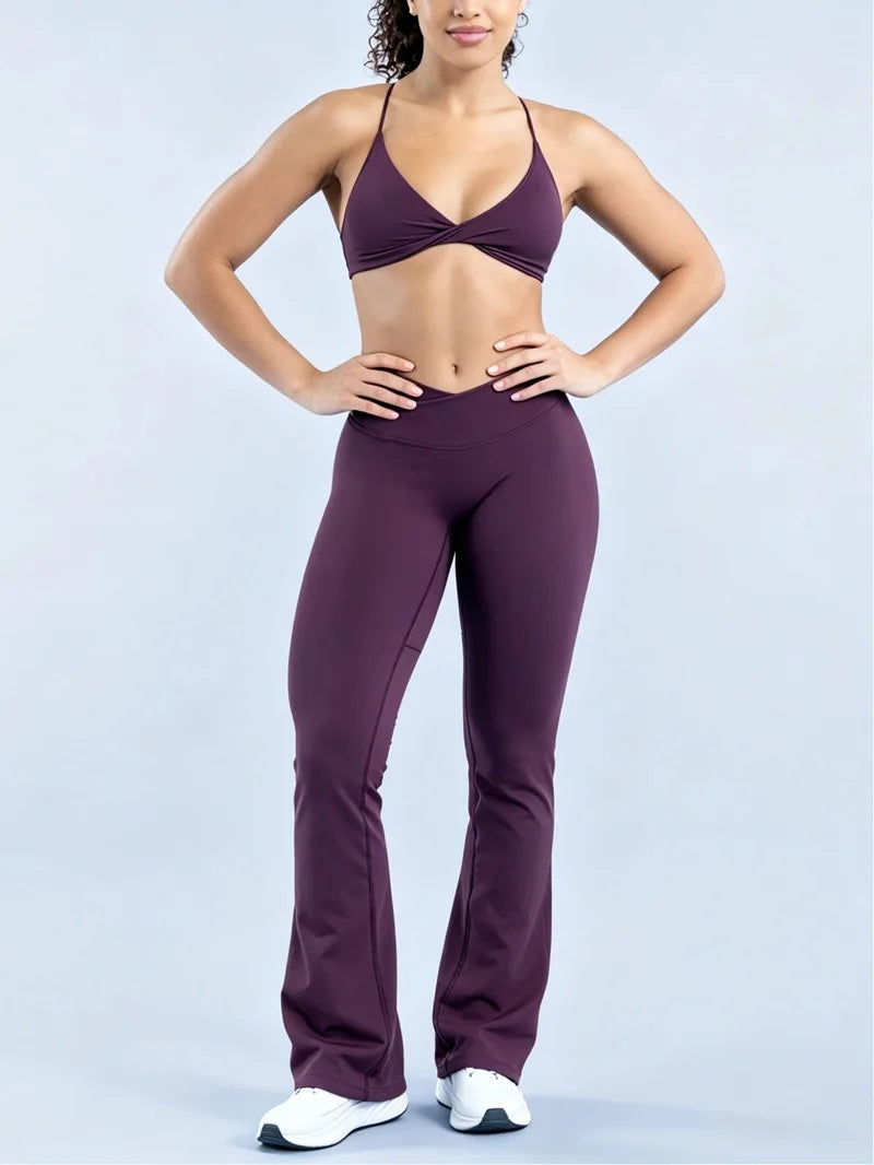 2Pcs Women Sports Yoga Set Halter Neck Sports Bra Flare Leggings Seamless Hip Lifting Quick Dry Gym Fitness Workout Activewear