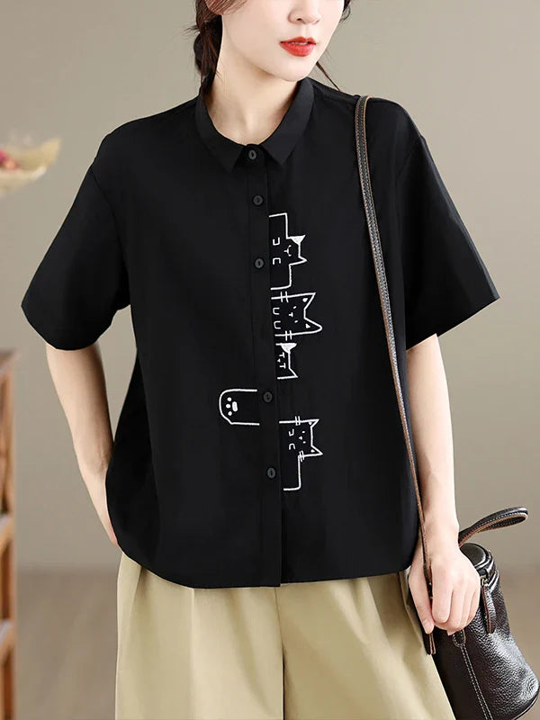 Casual Style Embroidered Pure Cotton Loose Fit Short Sleeve Shirt Women's plus Size Slimming Versatile White Summer Shirt