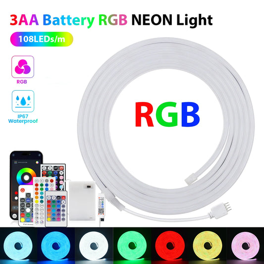3AA Battery Powered 5V RGB Color-changing LED Neon Strip Light 1M 2M 3M Waterproof With Bluetooth Remote Control For Home Decor