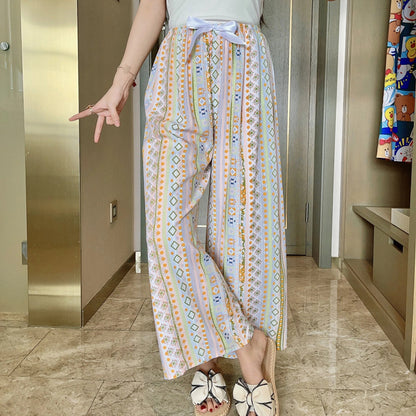 2025 Summer Sleeping Pants Women Thin Bottoms Spring Large Size Home Wear Pants Pajamas Flower Print Loose Cute Beach Trousers