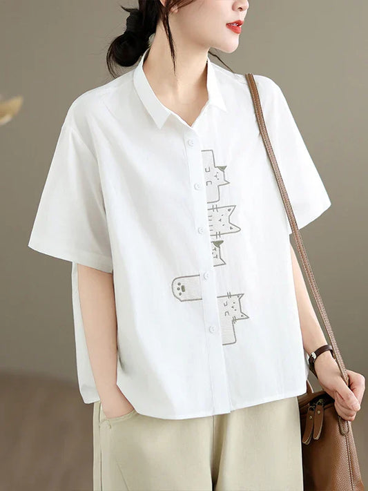 Casual Style Embroidered Pure Cotton Loose Fit Short Sleeve Shirt Women's plus Size Slimming Versatile White Summer Shirt